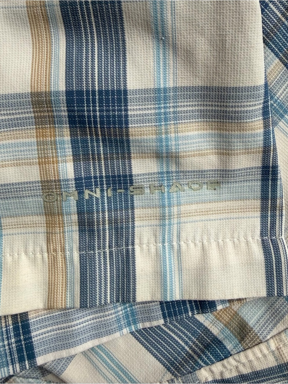 Columbia Beige and Blue Plaid Short-Sleeve Button-Down Shirt - Picture 4 of 5